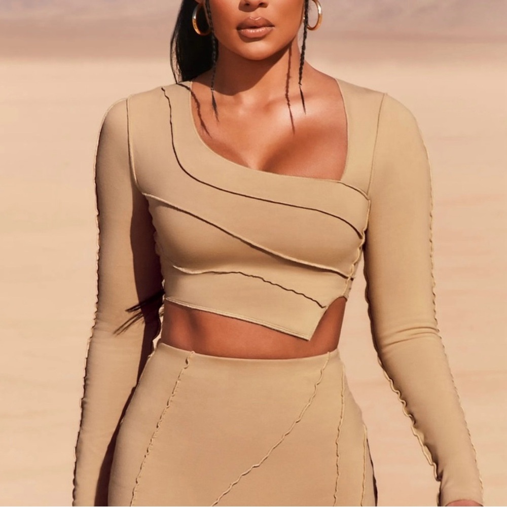 Oh Polly Tan Asymmetrical Crop Top Long Sleeve Exposed Seams